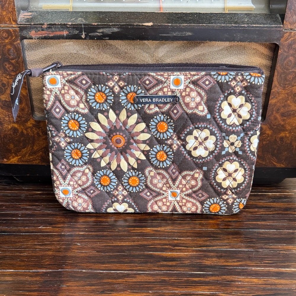 Vera Bradley Brown Floral Medallion Cosmetic Pouch with Orange Accents